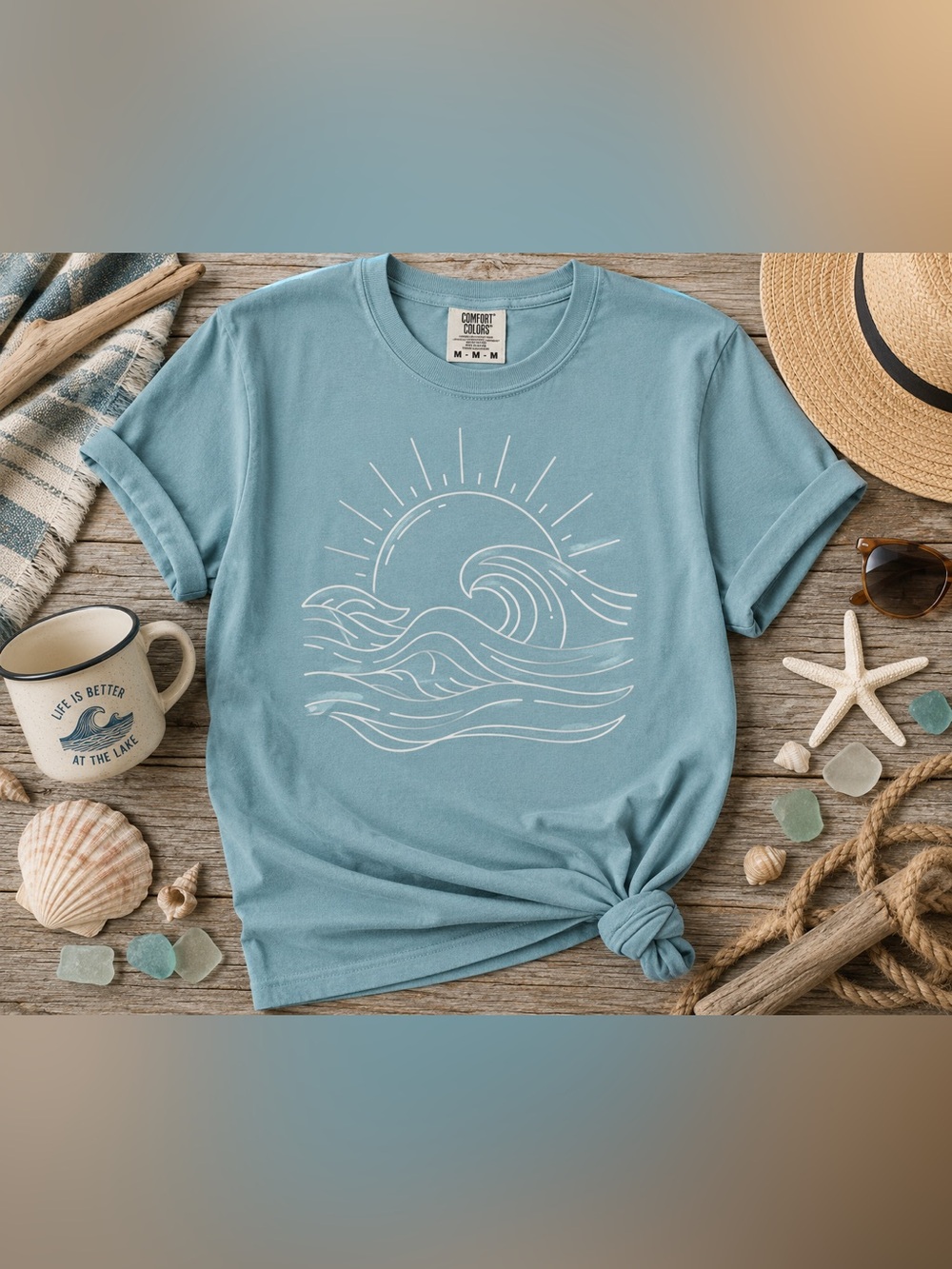 Minimal Coastal Wave Sunset Comfort Colors Tee | Beach Boho Graphic Shirt